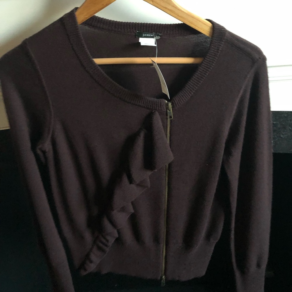 J Crew zip cardigan with ruffle. NWT